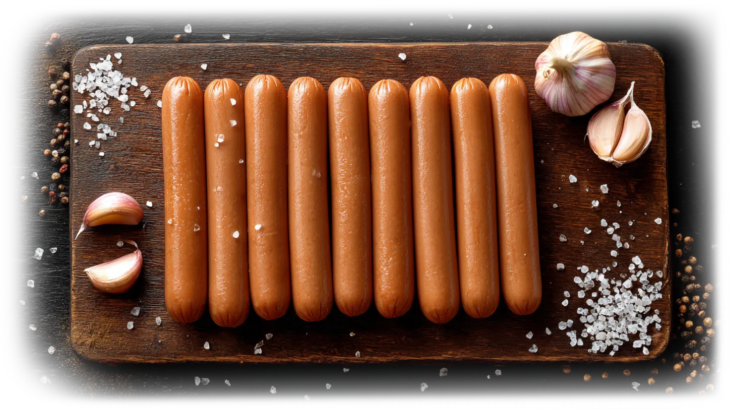 Hot Dogs on a Rustic Wooden Cutting Board with Garlic Cloves, Course Ground Salt, and Peppercorns