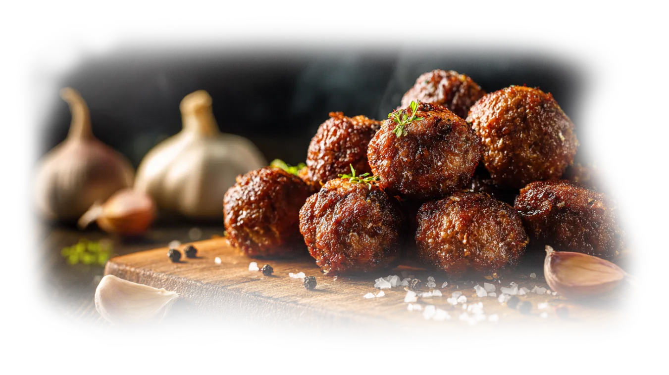 Cooked Meatballs on a Rustic Wood Cutting Board, Garlic Cloves, Course Ground Salt, and Peppercorns in the ForeGround, Garlic and Shallots in the Background